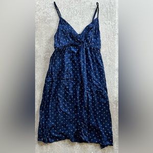 L.O.G.G. Spaghetti Strap Midi Dress with V-neck - Navy Blue and White Patterned